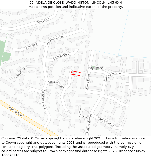 25, ADELAIDE CLOSE, WADDINGTON, LINCOLN, LN5 9XN: Location map and indicative extent of plot