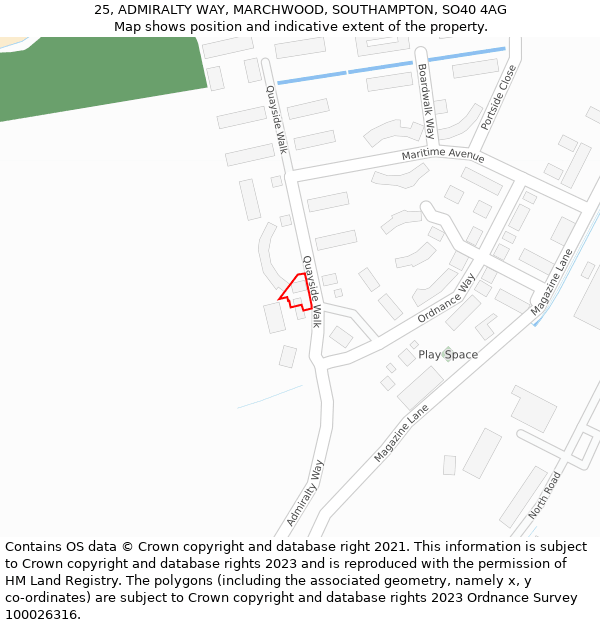 25, ADMIRALTY WAY, MARCHWOOD, SOUTHAMPTON, SO40 4AG: Location map and indicative extent of plot