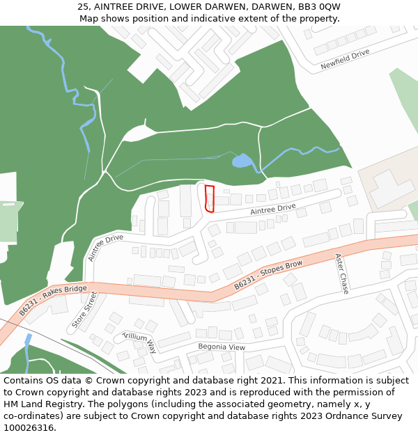 25, AINTREE DRIVE, LOWER DARWEN, DARWEN, BB3 0QW: Location map and indicative extent of plot