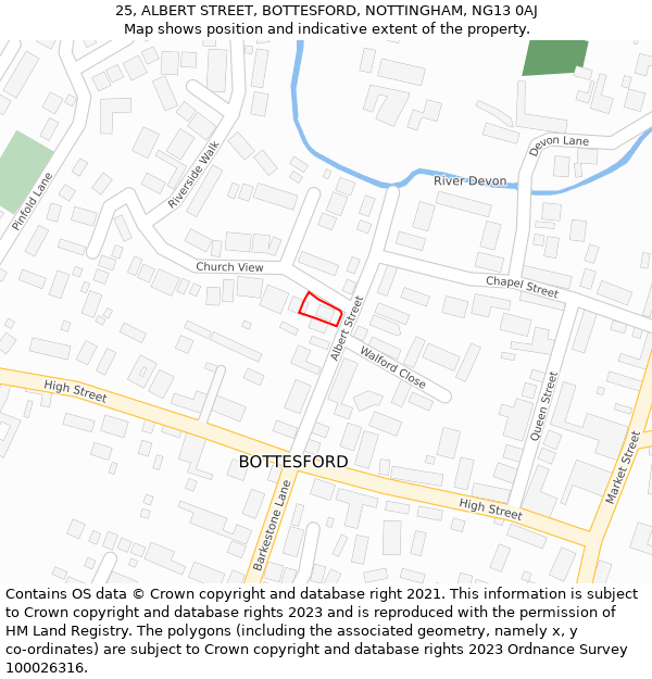 25, ALBERT STREET, BOTTESFORD, NOTTINGHAM, NG13 0AJ: Location map and indicative extent of plot