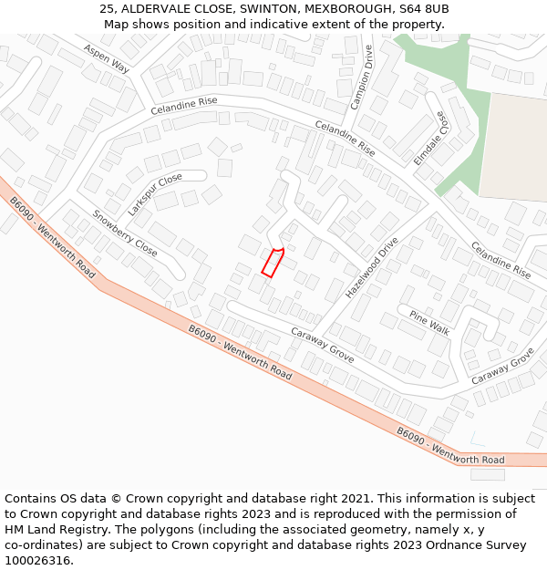 25, ALDERVALE CLOSE, SWINTON, MEXBOROUGH, S64 8UB: Location map and indicative extent of plot