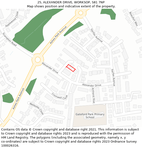 25, ALEXANDER DRIVE, WORKSOP, S81 7NP: Location map and indicative extent of plot