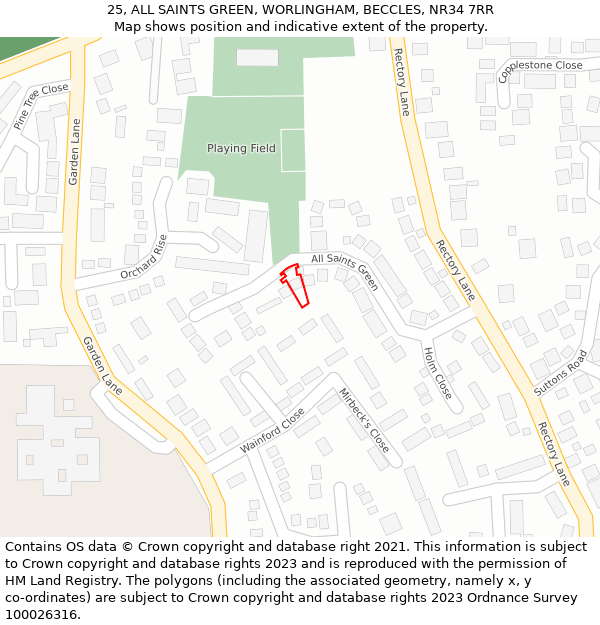 25, ALL SAINTS GREEN, WORLINGHAM, BECCLES, NR34 7RR: Location map and indicative extent of plot