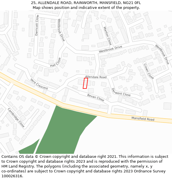 25, ALLENDALE ROAD, RAINWORTH, MANSFIELD, NG21 0FL: Location map and indicative extent of plot