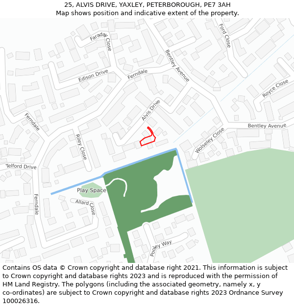 25, ALVIS DRIVE, YAXLEY, PETERBOROUGH, PE7 3AH: Location map and indicative extent of plot