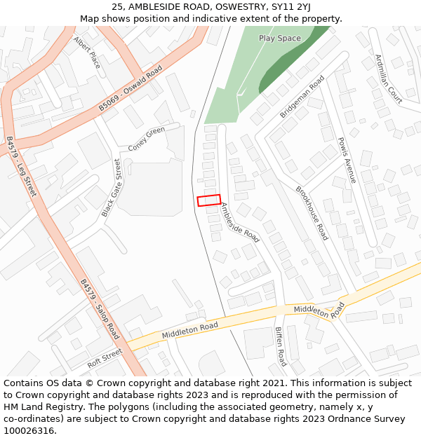 25, AMBLESIDE ROAD, OSWESTRY, SY11 2YJ: Location map and indicative extent of plot