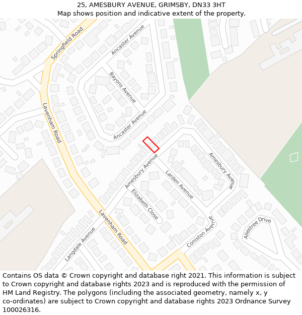 25, AMESBURY AVENUE, GRIMSBY, DN33 3HT: Location map and indicative extent of plot