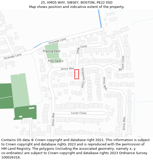 25, AMOS WAY, SIBSEY, BOSTON, PE22 0SD: Location map and indicative extent of plot