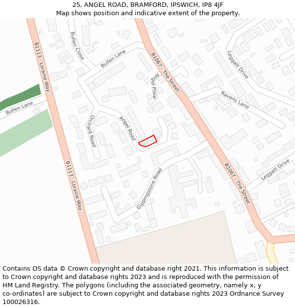 25, ANGEL ROAD, BRAMFORD, IPSWICH, IP8 4JF: Location map and indicative extent of plot