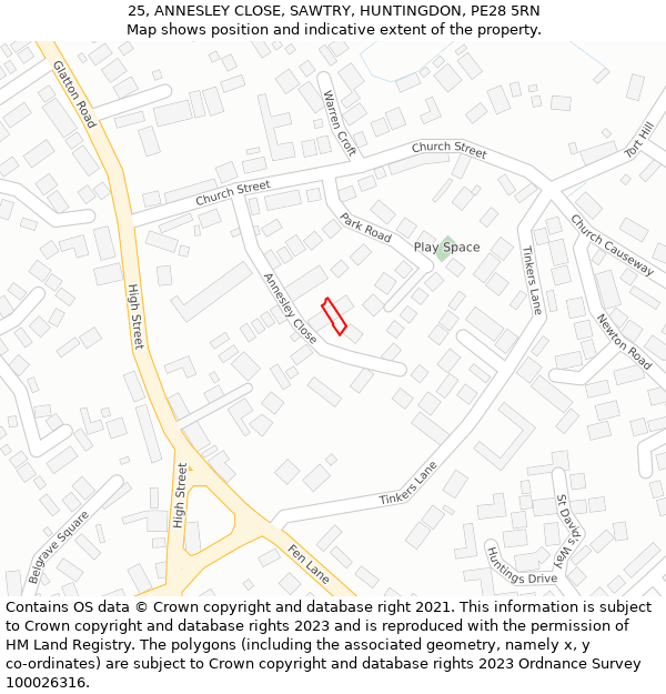 25, ANNESLEY CLOSE, SAWTRY, HUNTINGDON, PE28 5RN: Location map and indicative extent of plot