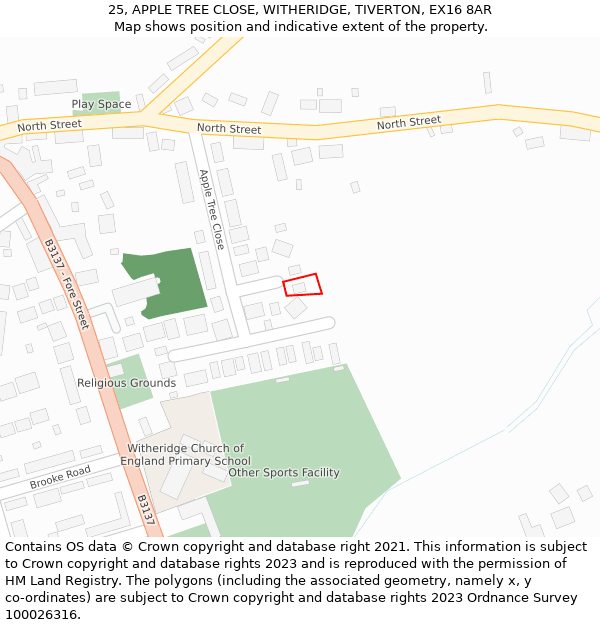 25, APPLE TREE CLOSE, WITHERIDGE, TIVERTON, EX16 8AR: Location map and indicative extent of plot