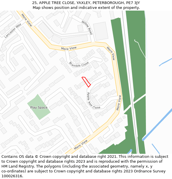 25, APPLE TREE CLOSE, YAXLEY, PETERBOROUGH, PE7 3JY: Location map and indicative extent of plot