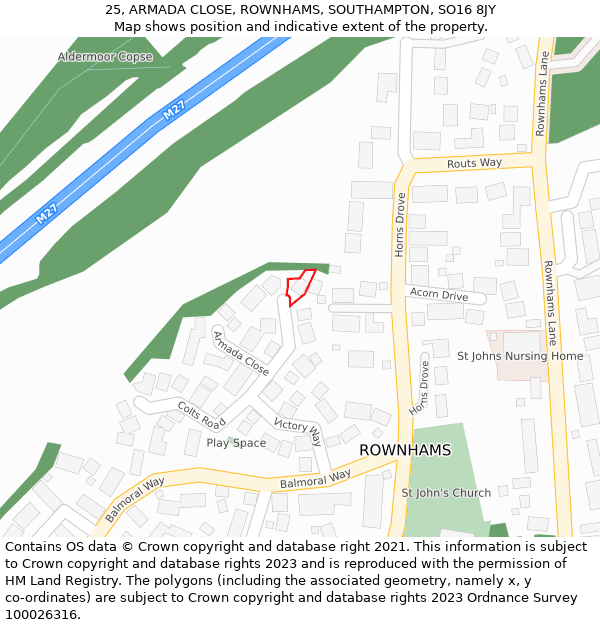 25, ARMADA CLOSE, ROWNHAMS, SOUTHAMPTON, SO16 8JY: Location map and indicative extent of plot