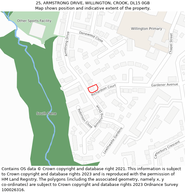 25, ARMSTRONG DRIVE, WILLINGTON, CROOK, DL15 0GB: Location map and indicative extent of plot