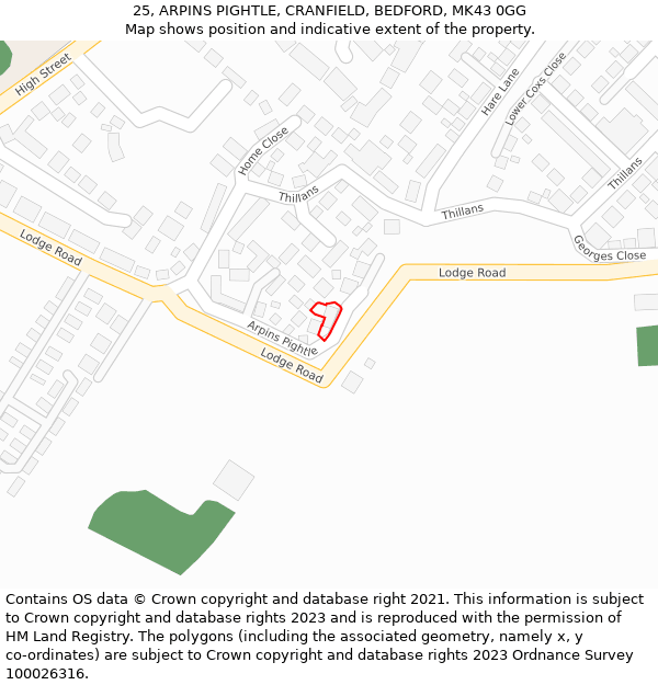 25, ARPINS PIGHTLE, CRANFIELD, BEDFORD, MK43 0GG: Location map and indicative extent of plot