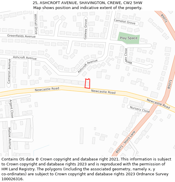 25, ASHCROFT AVENUE, SHAVINGTON, CREWE, CW2 5HW: Location map and indicative extent of plot