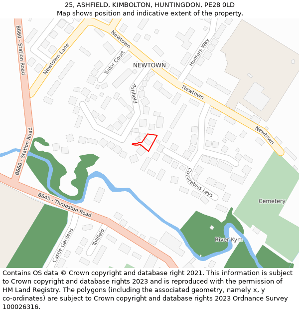 25, ASHFIELD, KIMBOLTON, HUNTINGDON, PE28 0LD: Location map and indicative extent of plot