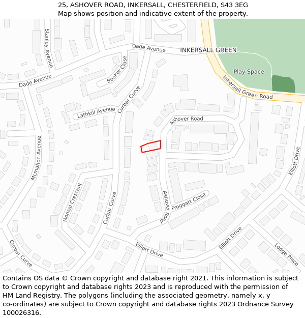 25, ASHOVER ROAD, INKERSALL, CHESTERFIELD, S43 3EG: Location map and indicative extent of plot