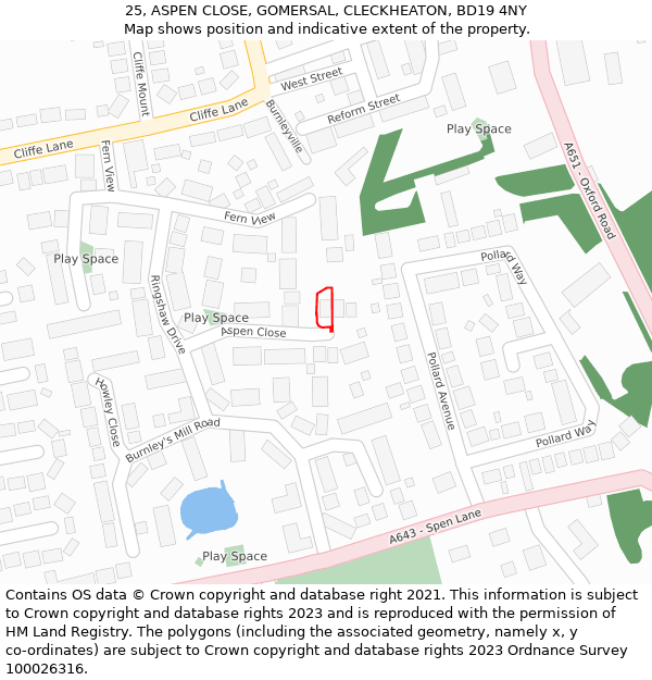 25, ASPEN CLOSE, GOMERSAL, CLECKHEATON, BD19 4NY: Location map and indicative extent of plot