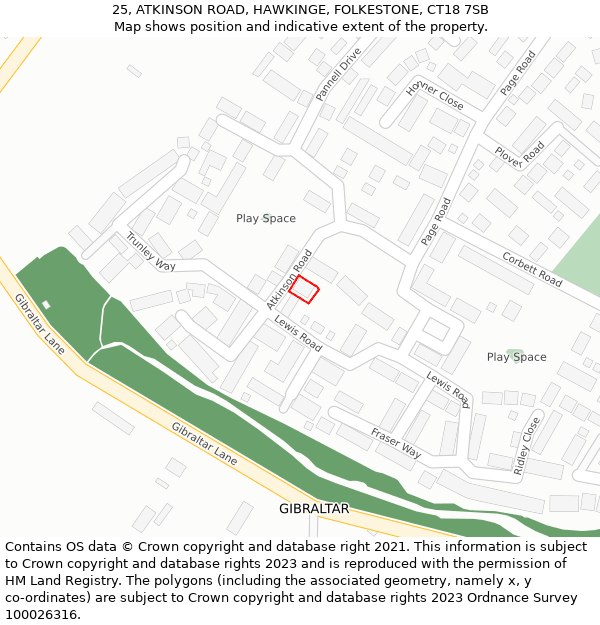 25, ATKINSON ROAD, HAWKINGE, FOLKESTONE, CT18 7SB: Location map and indicative extent of plot