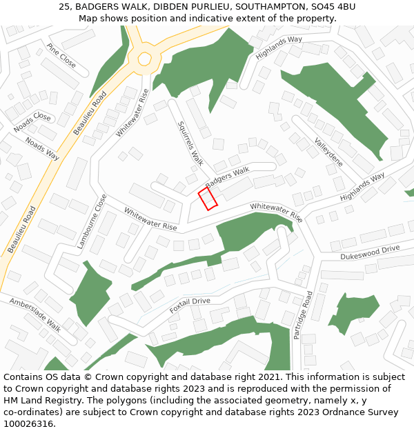 25, BADGERS WALK, DIBDEN PURLIEU, SOUTHAMPTON, SO45 4BU: Location map and indicative extent of plot