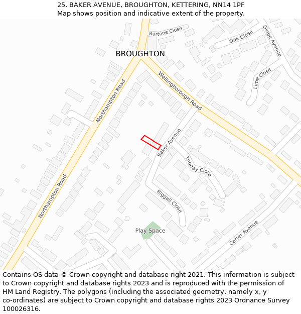 25, BAKER AVENUE, BROUGHTON, KETTERING, NN14 1PF: Location map and indicative extent of plot