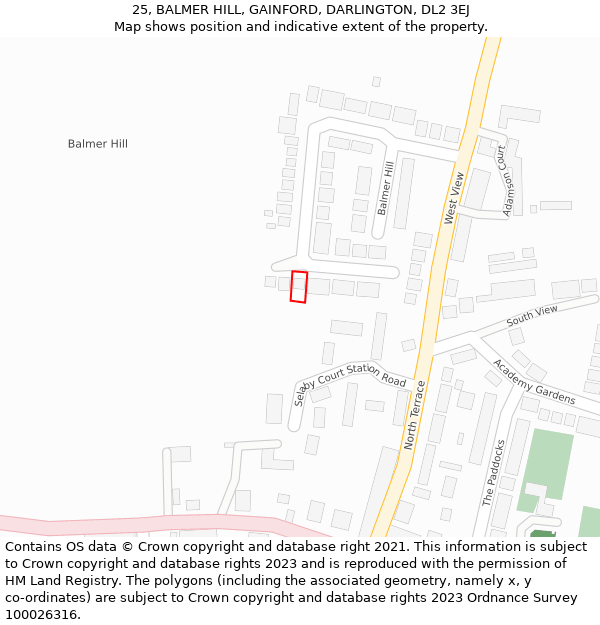 25, BALMER HILL, GAINFORD, DARLINGTON, DL2 3EJ: Location map and indicative extent of plot