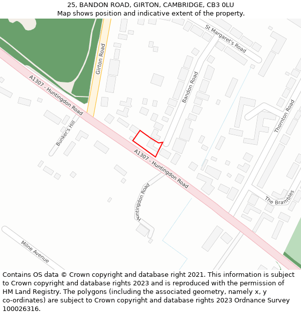 25, BANDON ROAD, GIRTON, CAMBRIDGE, CB3 0LU: Location map and indicative extent of plot