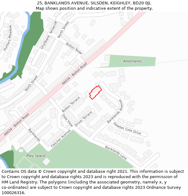 25, BANKLANDS AVENUE, SILSDEN, KEIGHLEY, BD20 0JL: Location map and indicative extent of plot