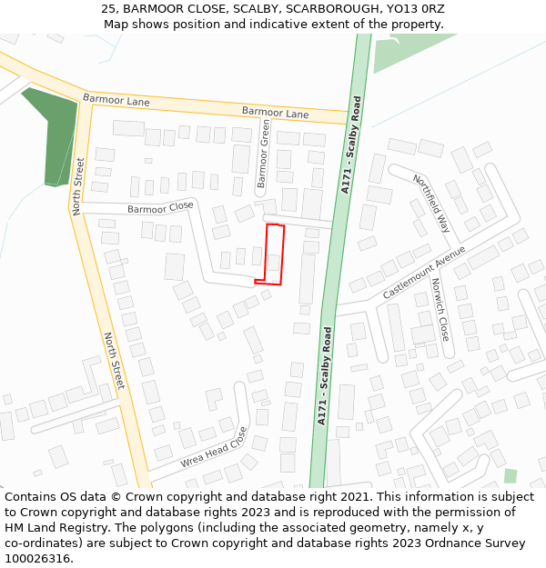 25, BARMOOR CLOSE, SCALBY, SCARBOROUGH, YO13 0RZ: Location map and indicative extent of plot