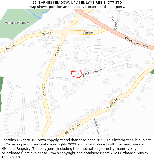 25, BARNES MEADOW, UPLYME, LYME REGIS, DT7 3TD: Location map and indicative extent of plot