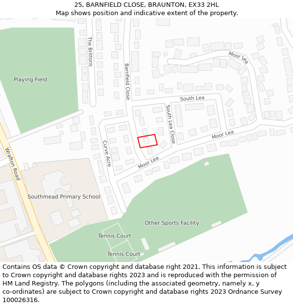 25, BARNFIELD CLOSE, BRAUNTON, EX33 2HL: Location map and indicative extent of plot