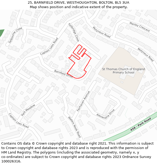 25, BARNFIELD DRIVE, WESTHOUGHTON, BOLTON, BL5 3UA: Location map and indicative extent of plot