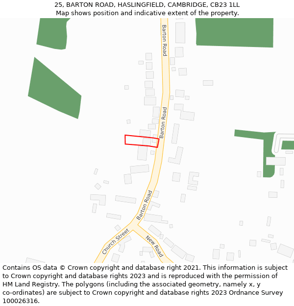 25, BARTON ROAD, HASLINGFIELD, CAMBRIDGE, CB23 1LL: Location map and indicative extent of plot