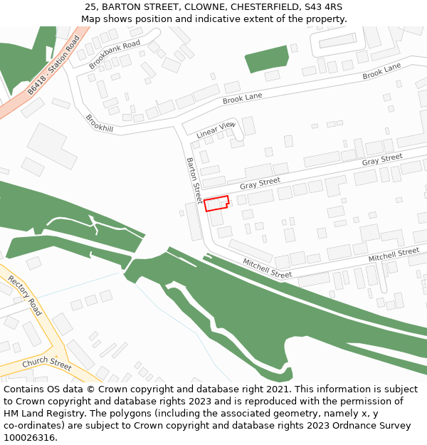 25, BARTON STREET, CLOWNE, CHESTERFIELD, S43 4RS: Location map and indicative extent of plot