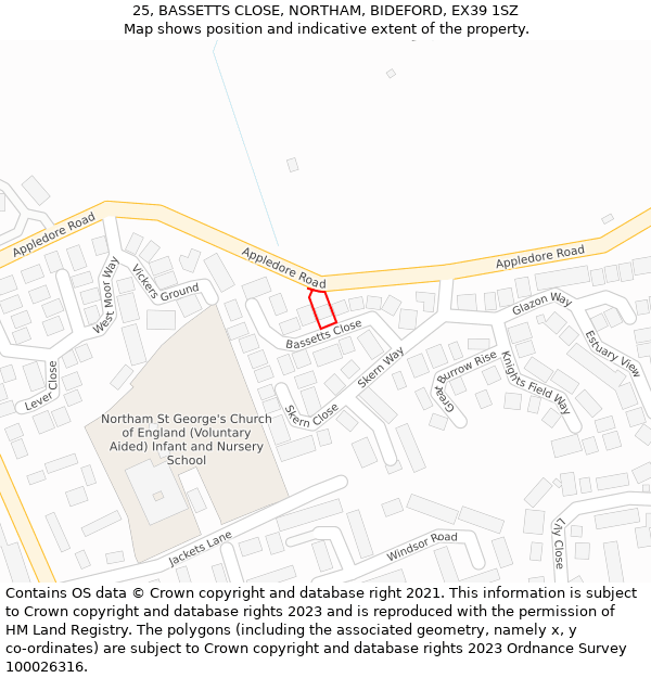 25, BASSETTS CLOSE, NORTHAM, BIDEFORD, EX39 1SZ: Location map and indicative extent of plot