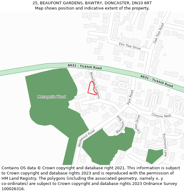 25, BEAUFONT GARDENS, BAWTRY, DONCASTER, DN10 6RT: Location map and indicative extent of plot