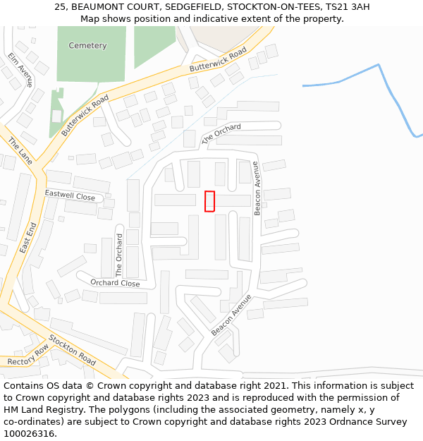 25, BEAUMONT COURT, SEDGEFIELD, STOCKTON-ON-TEES, TS21 3AH: Location map and indicative extent of plot