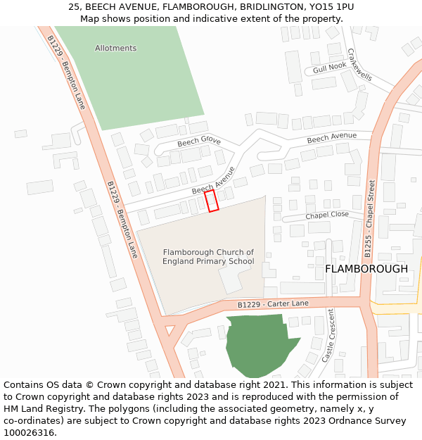 25, BEECH AVENUE, FLAMBOROUGH, BRIDLINGTON, YO15 1PU: Location map and indicative extent of plot