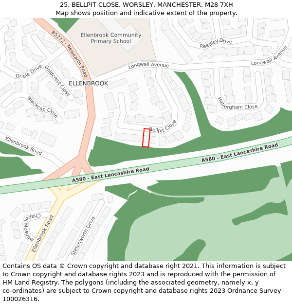 25, BELLPIT CLOSE, WORSLEY, MANCHESTER, M28 7XH: Location map and indicative extent of plot