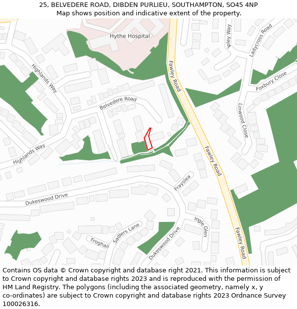 25, BELVEDERE ROAD, DIBDEN PURLIEU, SOUTHAMPTON, SO45 4NP: Location map and indicative extent of plot