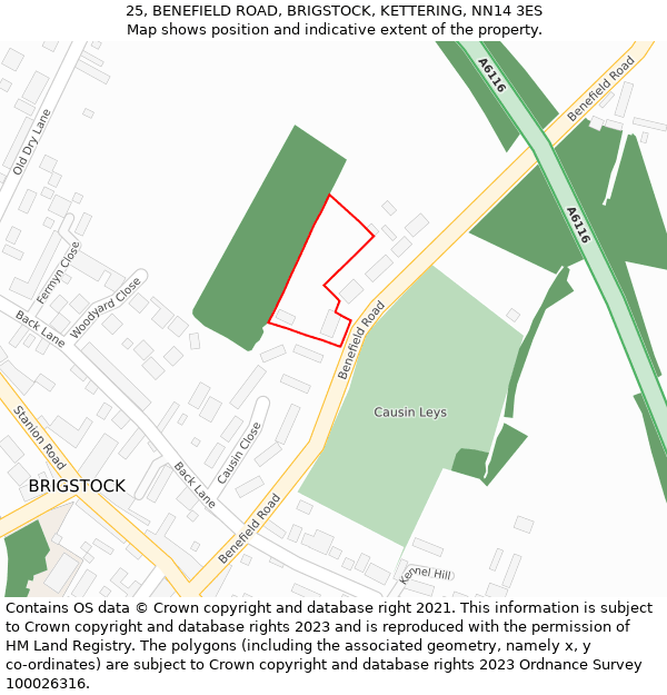 25, BENEFIELD ROAD, BRIGSTOCK, KETTERING, NN14 3ES: Location map and indicative extent of plot
