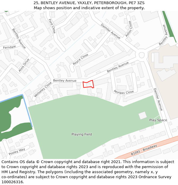 25, BENTLEY AVENUE, YAXLEY, PETERBOROUGH, PE7 3ZS: Location map and indicative extent of plot