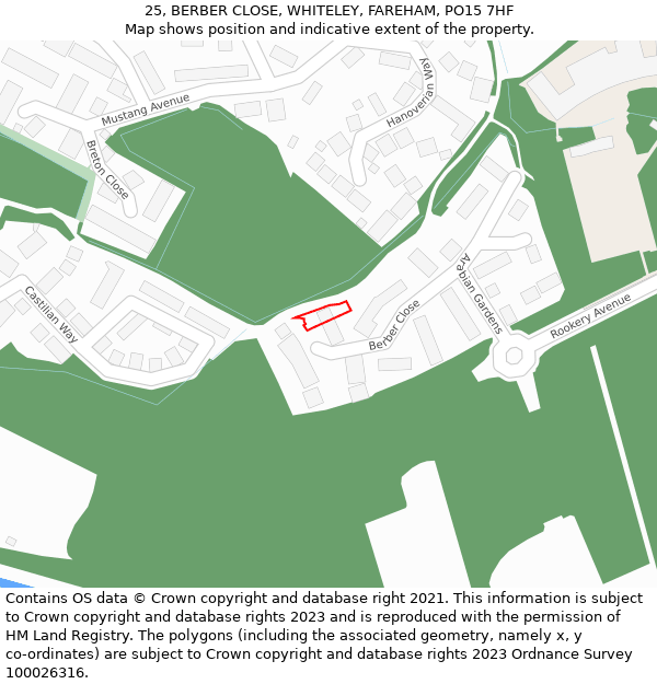 25, BERBER CLOSE, WHITELEY, FAREHAM, PO15 7HF: Location map and indicative extent of plot