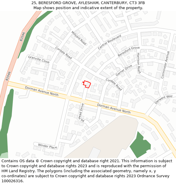 25, BERESFORD GROVE, AYLESHAM, CANTERBURY, CT3 3FB: Location map and indicative extent of plot