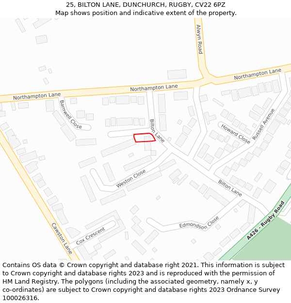 25, BILTON LANE, DUNCHURCH, RUGBY, CV22 6PZ: Location map and indicative extent of plot