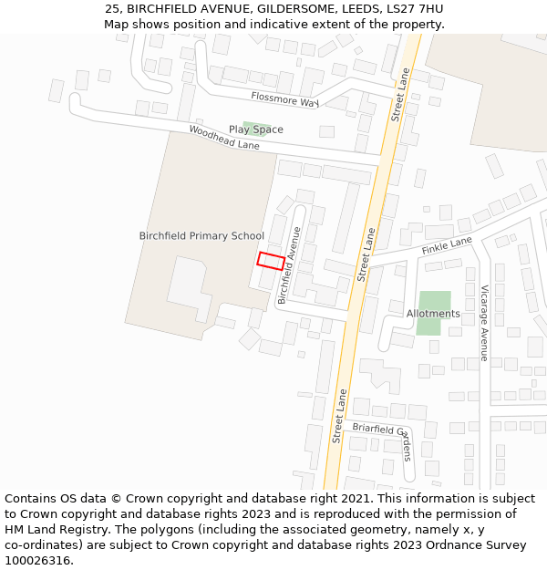 25, BIRCHFIELD AVENUE, GILDERSOME, LEEDS, LS27 7HU: Location map and indicative extent of plot