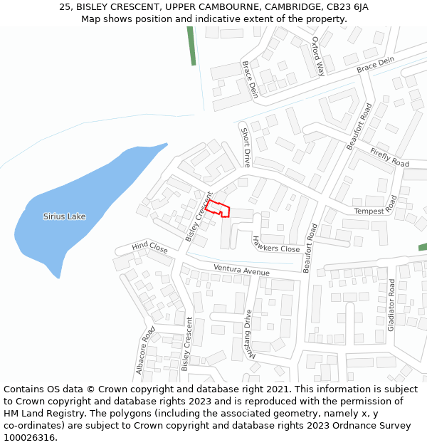 25, BISLEY CRESCENT, UPPER CAMBOURNE, CAMBRIDGE, CB23 6JA: Location map and indicative extent of plot