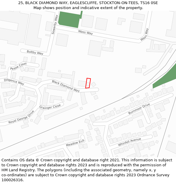 25, BLACK DIAMOND WAY, EAGLESCLIFFE, STOCKTON-ON-TEES, TS16 0SE: Location map and indicative extent of plot