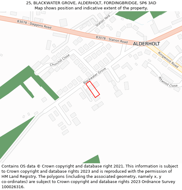 25, BLACKWATER GROVE, ALDERHOLT, FORDINGBRIDGE, SP6 3AD: Location map and indicative extent of plot